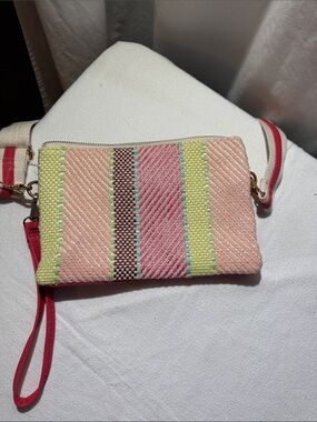 Jen & Co Striped Woven Wristlet Clutch in Pink and Lime